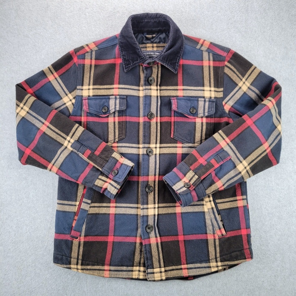 American Eagle Shirt Jacket Mens Medium Blue Red Plaid Quilted Flannel Shacket